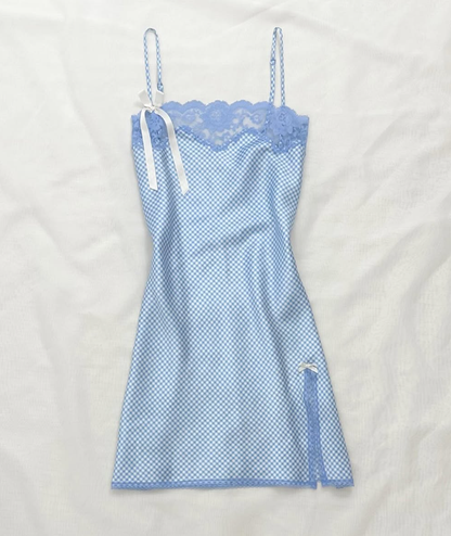 Blue Lattice A Line Spaghetti Strap Lace Satin Short Homecoming Dress Birthday Dress Outfits SH3542