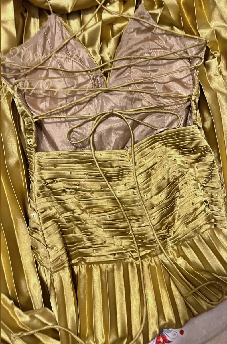 Gold metal bead embellishment long satin ball dress, evening dress, graduation dress gh4507