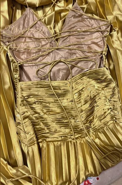 Gold metal bead embellishment long satin ball dress, evening dress, graduation dress gh4507