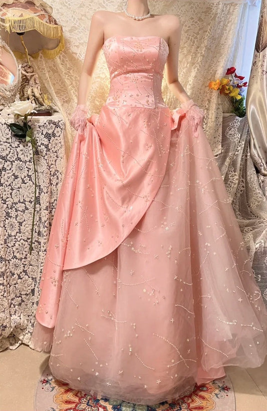Pink Beaded Elegant Long Satin Ball Gown Evening Dress Party Dress gh4466