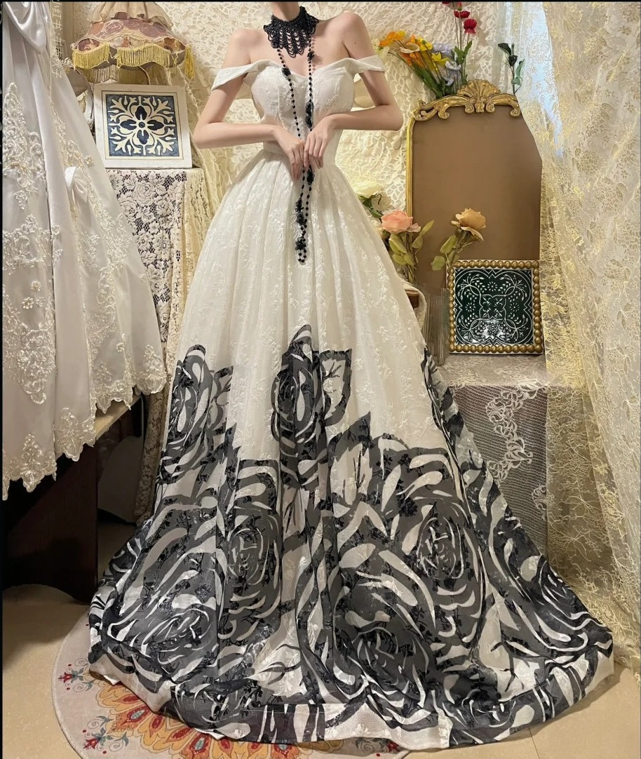 _£ï_Blooming black roses gorgeous retro dark night rose dress Hepburn-feel long tulle ball gown evening dress gh4338