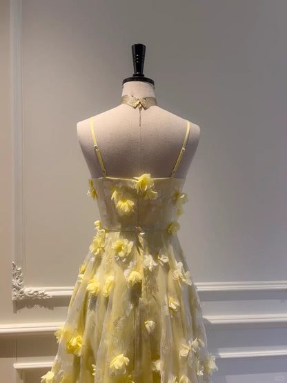 Yellow Floral Spaghetti Strap Chiffon Party Dress gh4948