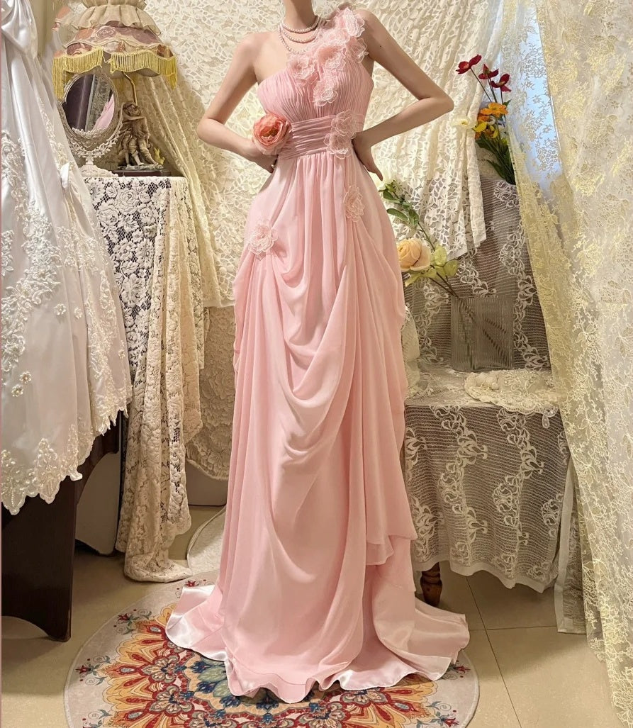 Pink Fashion One Shoulder Long Chiffon Ball Gown Evening Dress gh4430