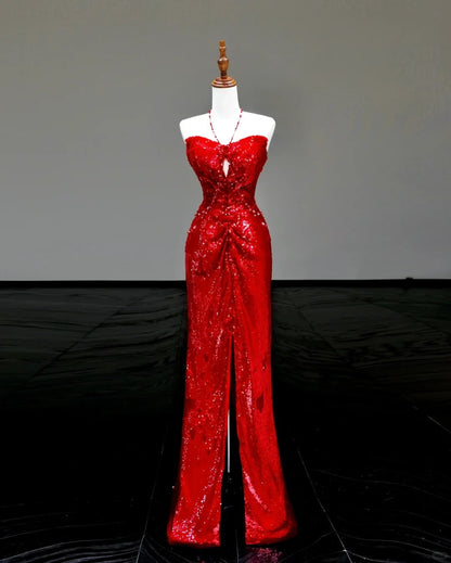 Red sexy suspenders elegant long sequined prom dress evening dress party dress gh5123