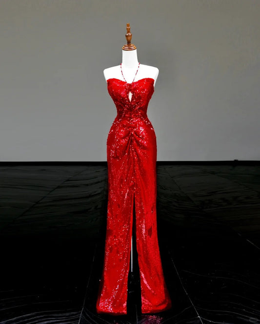 Red sexy suspenders elegant long sequined prom dress evening dress party dress gh5123