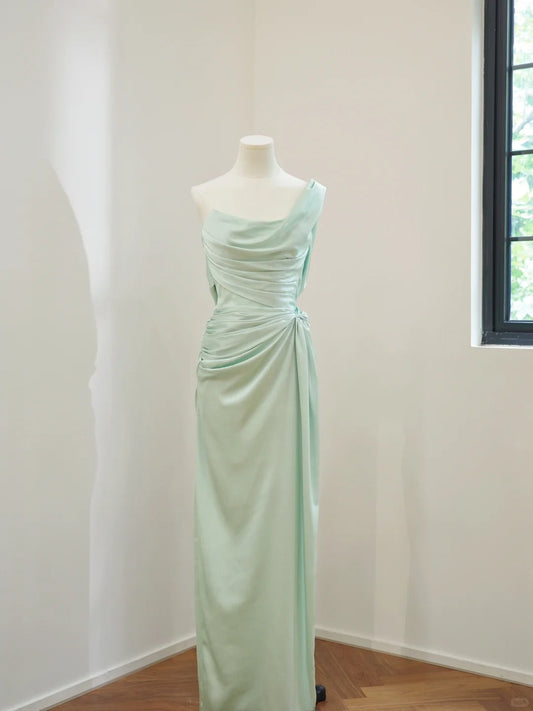 Mint Green Simple Fashion One Shoulder Off Shoulder Long Satin Prom Dress Evening Dress Party Dress Bridesmaid Dress gh5058