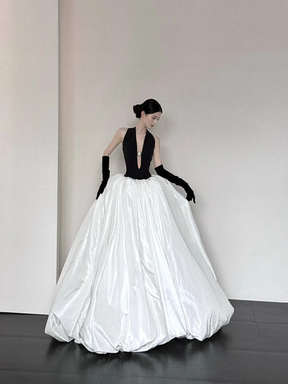 Black and white fashionable and elegant V-neck long satin A-line floor-length ball gown evening dress prom dress gh3732