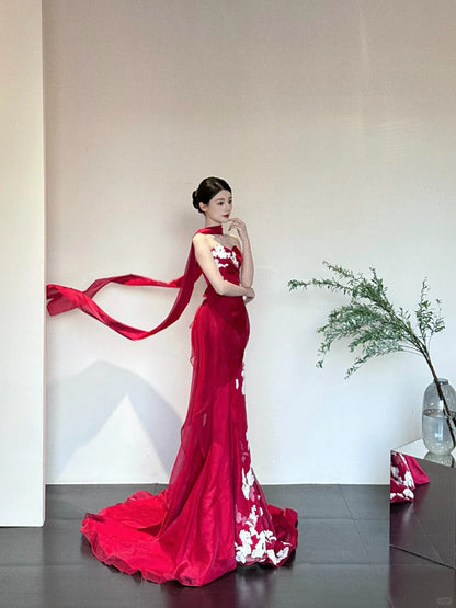 Red Elegant Delicate Floral Fashion Elegant Long Satin Tulle Mermaid Slim Fit Floor Length Trailing Ball Gown Evening Gown Prom Gown gh3733