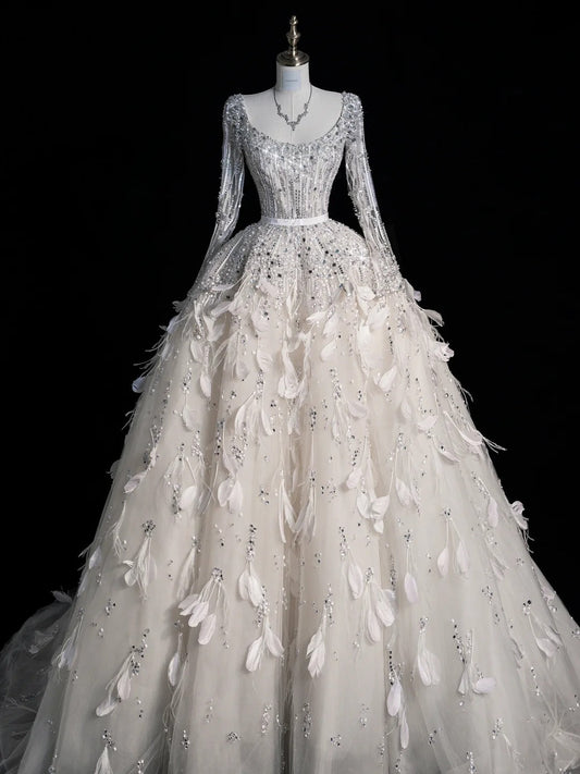 White Silver Sequins Luxurious Sparkling Gorgeous Elegant Beautiful Exquisite Beaded Long Sequin Floor Length Sleeve Ball Gown Evening Gown Wedding Dress Saudi Arabia Dress gh4111