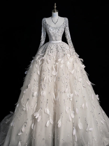 White Silver Sequins Luxurious Sparkling Gorgeous Elegant Beautiful Exquisite Beaded Long Sequin Floor Length Sleeve Ball Gown Evening Gown Wedding Dress Saudi Arabia Dress gh4111