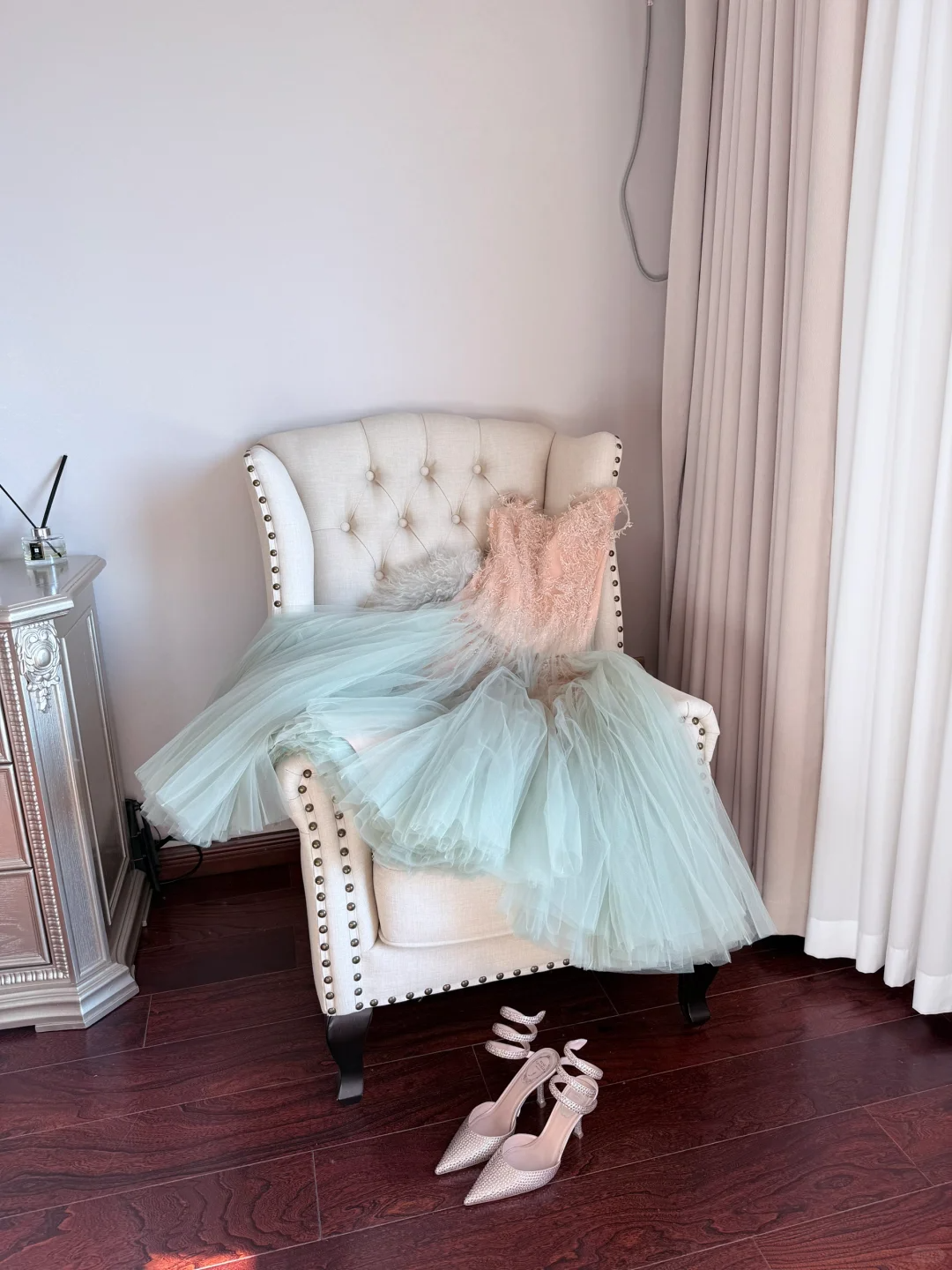 Stunning A Line Spaghetti Strap Brown Lace Green Tulle Prom Dress Evening Dress SH3012