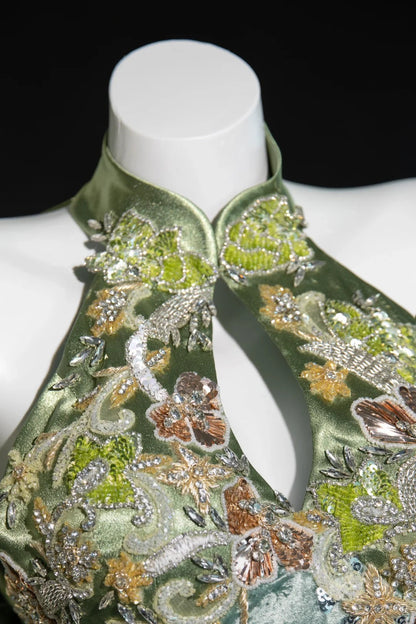 Green Elegant Exquisite Beaded Sequined Long Satin Mermaid Cheongsam Ball Gown Evening Gown Wedding Gown Party Dress gh4132