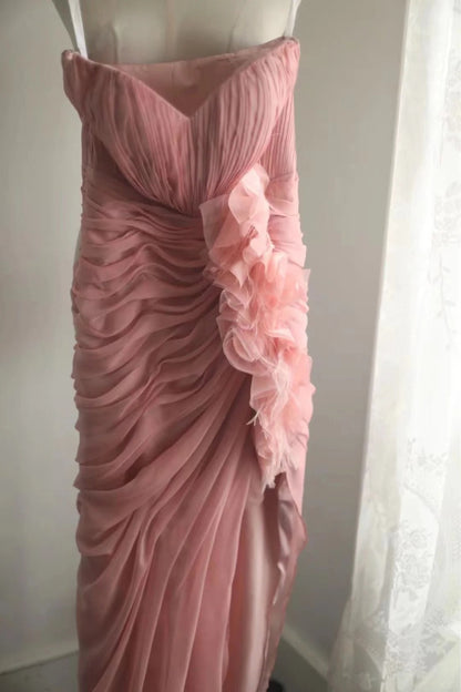 Pink elegant unique long tulle bias cut irregular pleated fishtail ball gown dinner party evening dress wedding adult ceremony birthday party gh4079