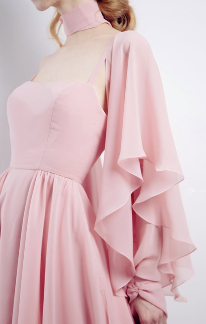 Pink A Line Straps Chiffon Slit Long Prom Dress Evening Dress with Cape SH3320