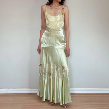 Vintage Mermaid Spaghetti Strap Lace Green Satin Long Prom Dress Evening Dress SH3341