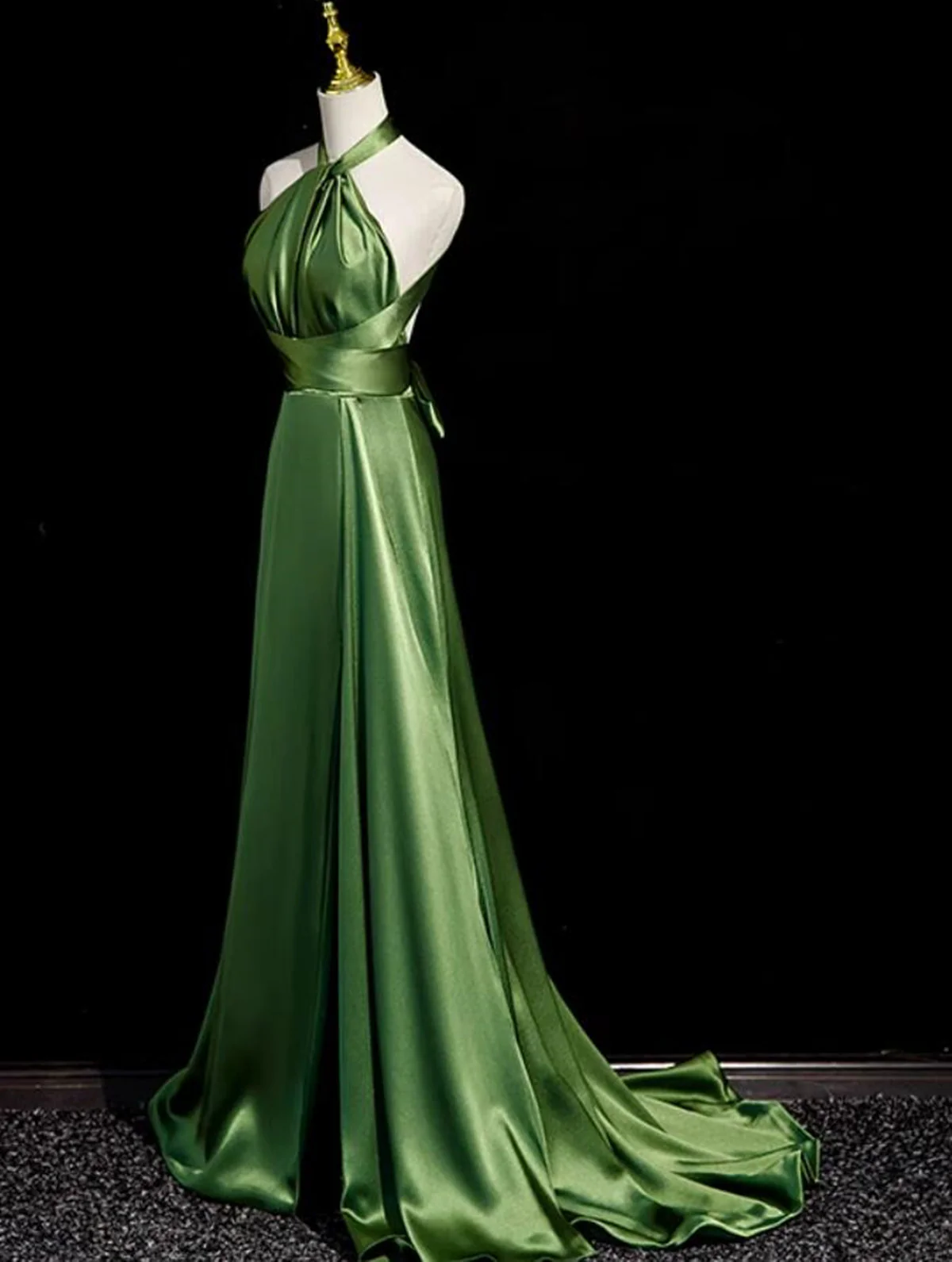Sexy A line Green Satin Halter Backless Prom Dress Prom Dress SD1294