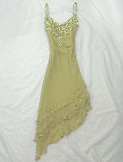 Bean Green Floral A Line Spaghetti Strap Beaded Layered Chiffon Homecoming Dress Party Dress SH3568