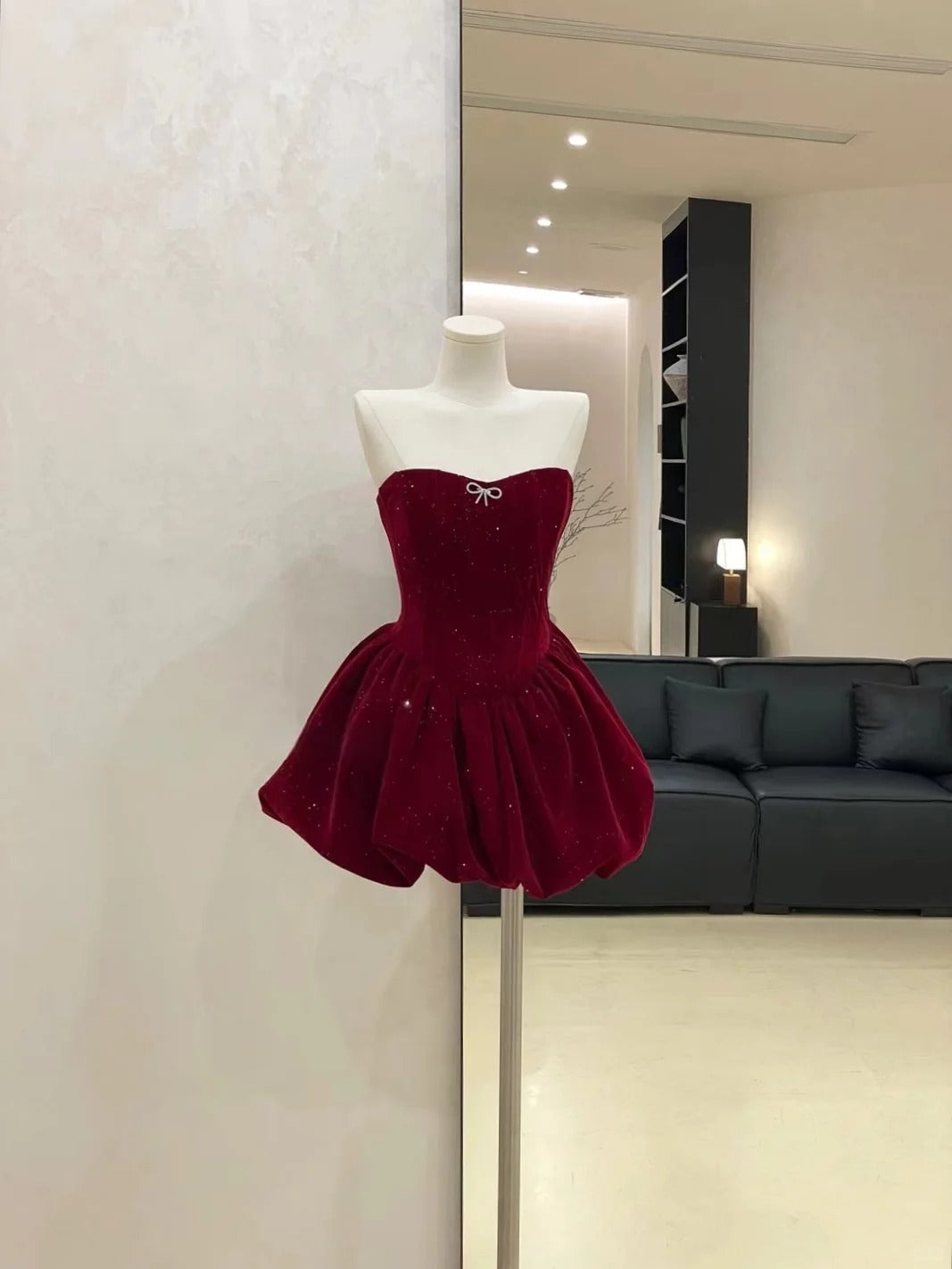 Burgundy/Black shiny homecoming dress short velvet prom dress evening dress birthday dress gh4526