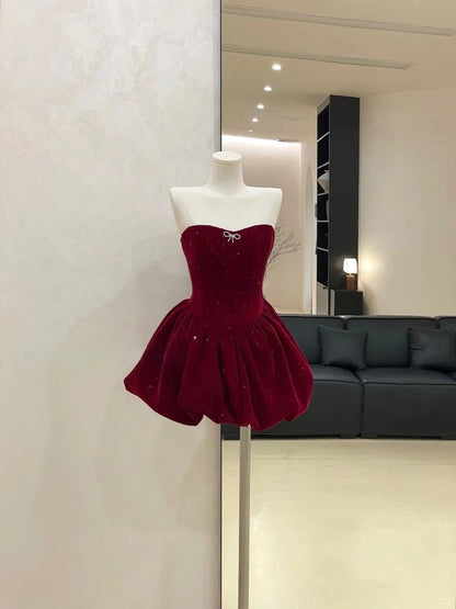 Burgundy/Black shiny homecoming dress short velvet prom dress evening dress birthday dress gh4526