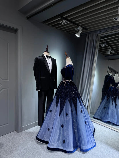 preppydressess -Blue shiny long sequined tulle ball gown evening dress graduation dress gh5110