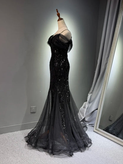 preppydressess -Black shiny mermaid long sequined ball gown evening dress graduation dress gh5112