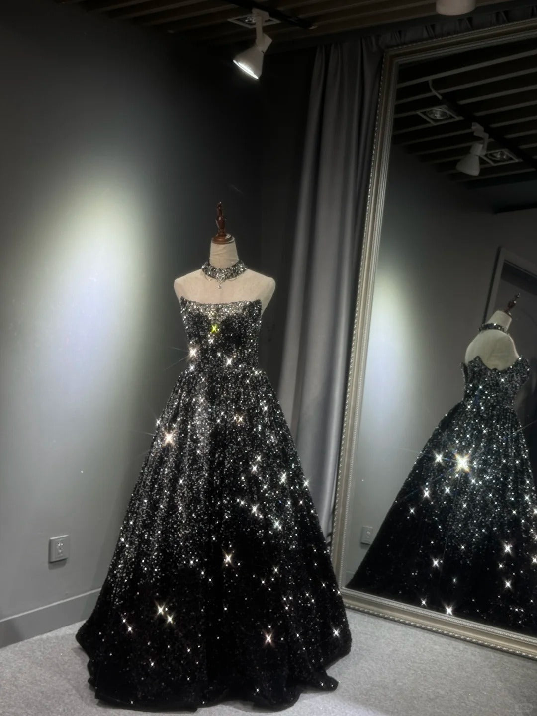 preppydressess -Black silver gradient shimmering long sequined tulle ball gown evening dress gh5109