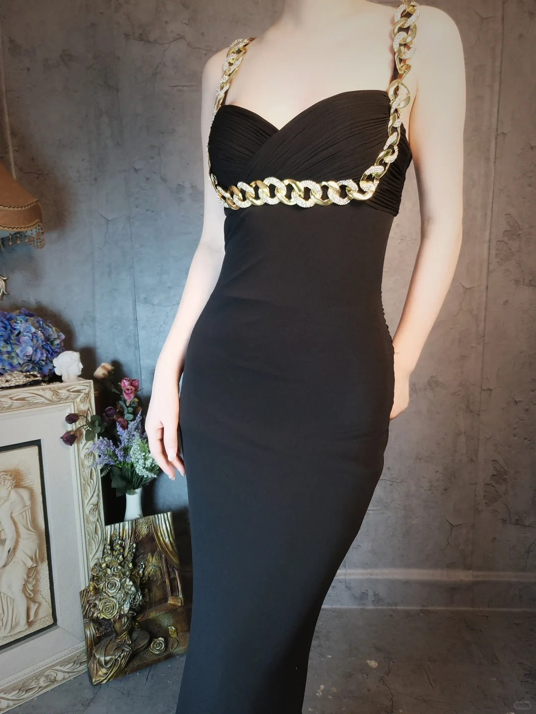 Vintage black gold chain backless mermaid ball gown sexy elegant evening dress party dress gh4802