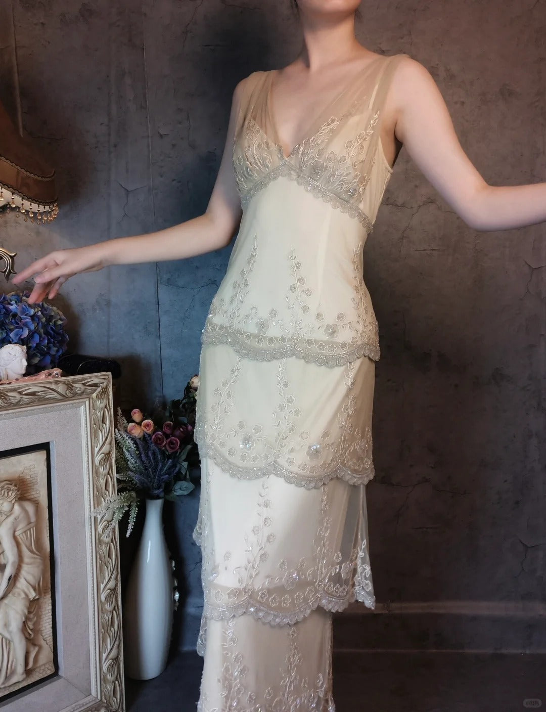 Ivory romantic beautiful gentle vintage long lace beaded layered cake ball dress evening dress party dress gh4795