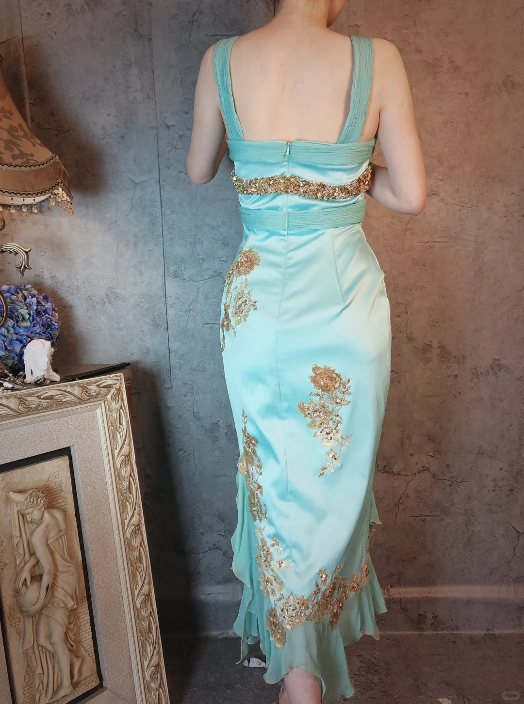 Mint blue vintage beaded lace embroidery beautiful macarons gold embroidered flowers romantic ball gown evening dress party dress gh4803