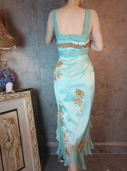 Mint blue vintage beaded lace embroidery beautiful macarons gold embroidered flowers romantic ball gown evening dress party dress gh4803