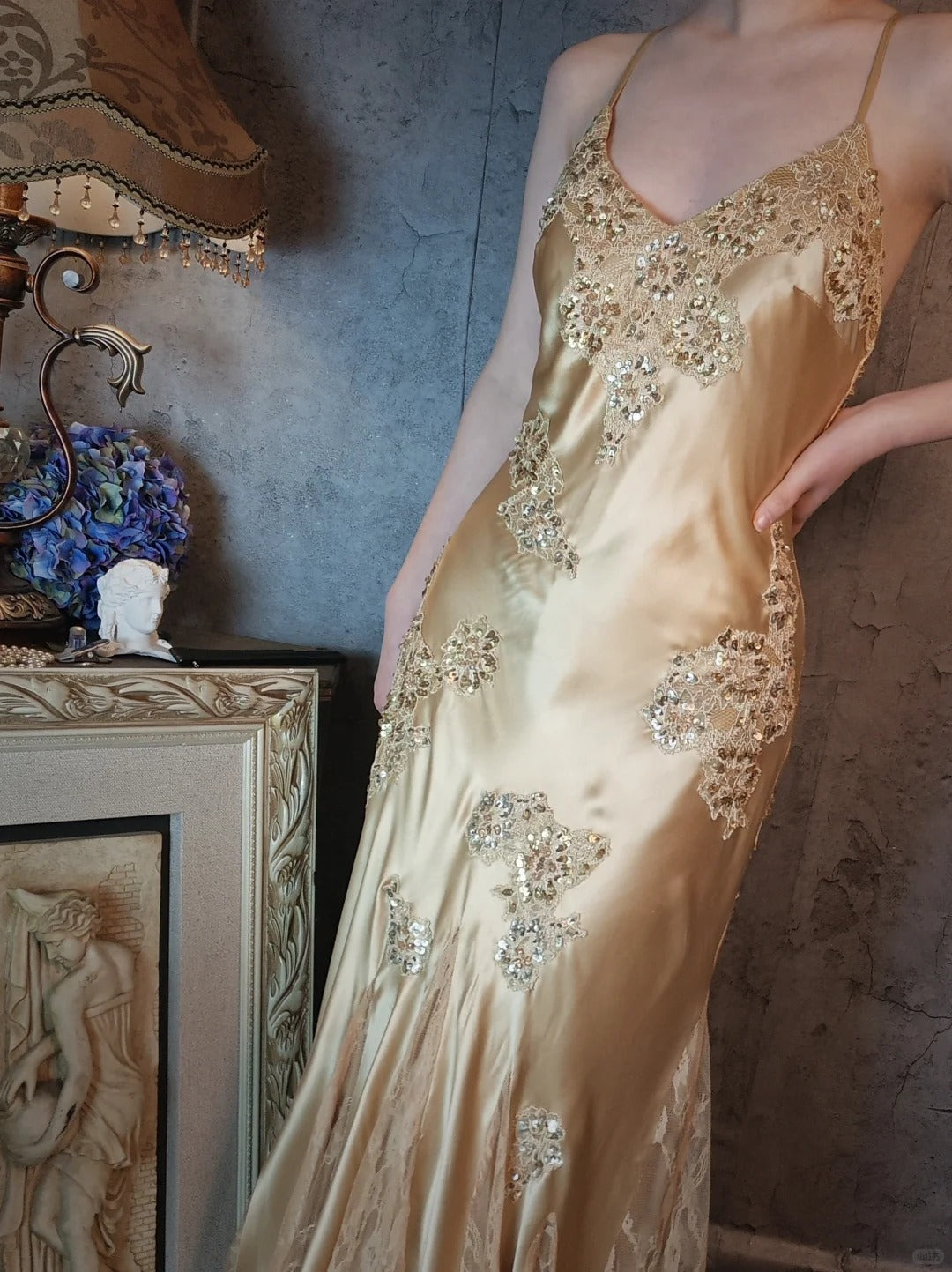 Champagne gold satin beautiful vintage beaded lace ball gown evening dress party dress gh4793