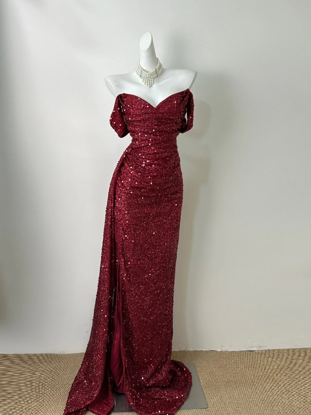 Burgundy Simple Fashionable Elegant Long Sequined Floor-length Sexy Slit Ball Gown Evening Gown Prom Gown gh3728
