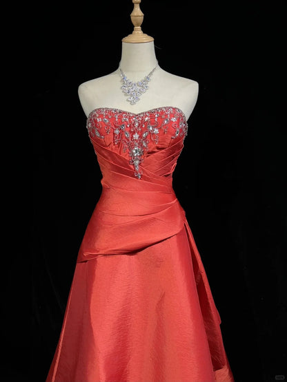 Red Gorgeous Vintage Shiny Elegant Delicate Rhinestone Beaded Satin Floor Length Fairy Ball Gown Evening Gown Party Gown Prom Gown Red Waltz gh3854