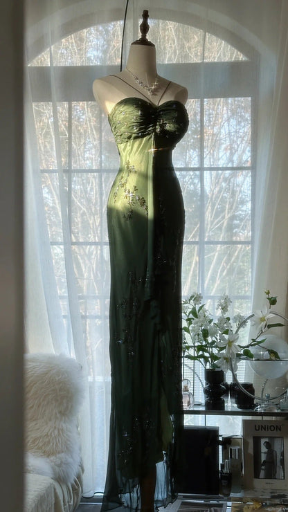 Green Elegant Fashion Exquisite Beaded Strapless Long Chiffon Ball Gown Evening Dress Birthday/Holiday Party Dress Prom Dress gh4066