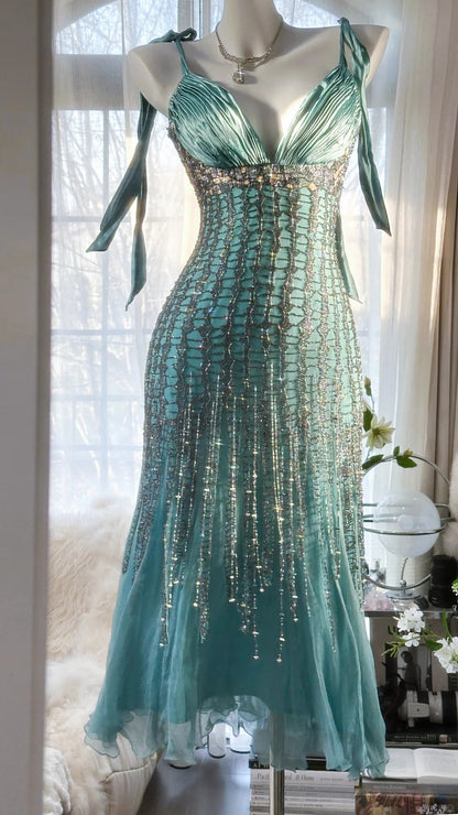 Green Luxury Gorgeous Retro Fashion Exquisite Tassel Beaded Mid-Length Chiffon Ball Gown Birthday Party Dress Evening Dress Prom Dress gh3973