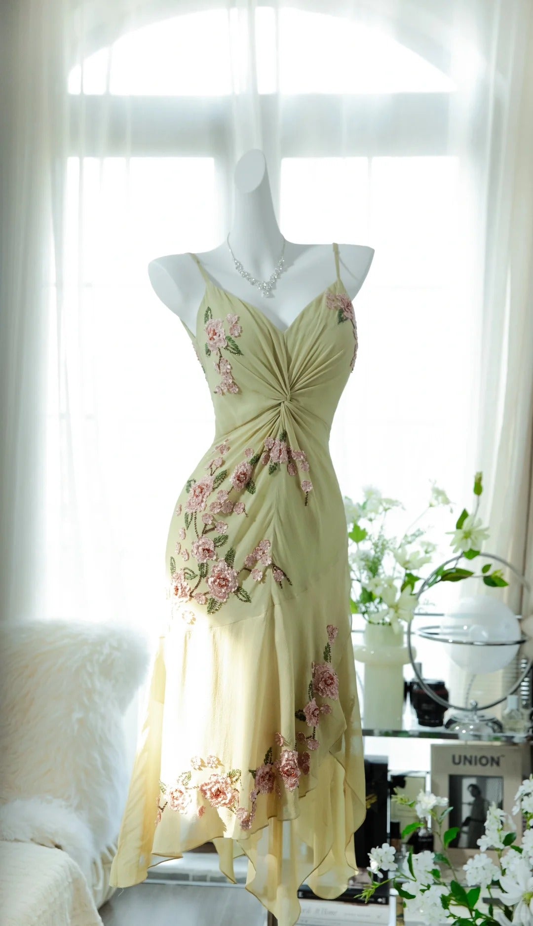 Yellow Elegant Romantic Delicate Pink Floral Beading Spaghetti Straps Midi/Short Chiffon Homecoming Ball Gown Evening Dress Birthday/Wedding Guest/Holiday Party Dress Prom Dress gh4023