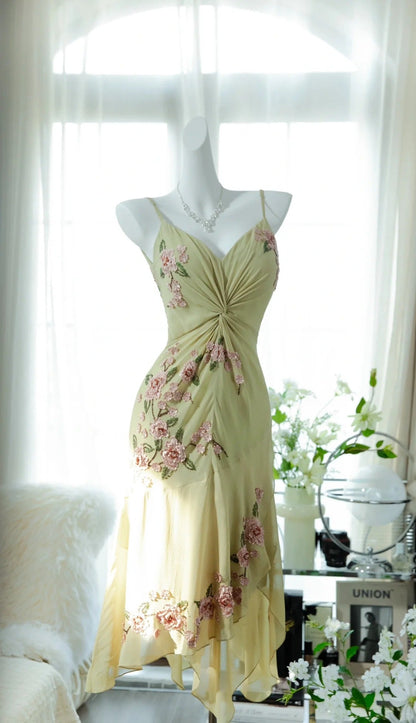 Yellow Elegant Romantic Delicate Pink Floral Beading Spaghetti Straps Midi/Short Chiffon Homecoming Ball Gown Evening Dress Birthday/Wedding Guest/Holiday Party Dress Prom Dress gh4023