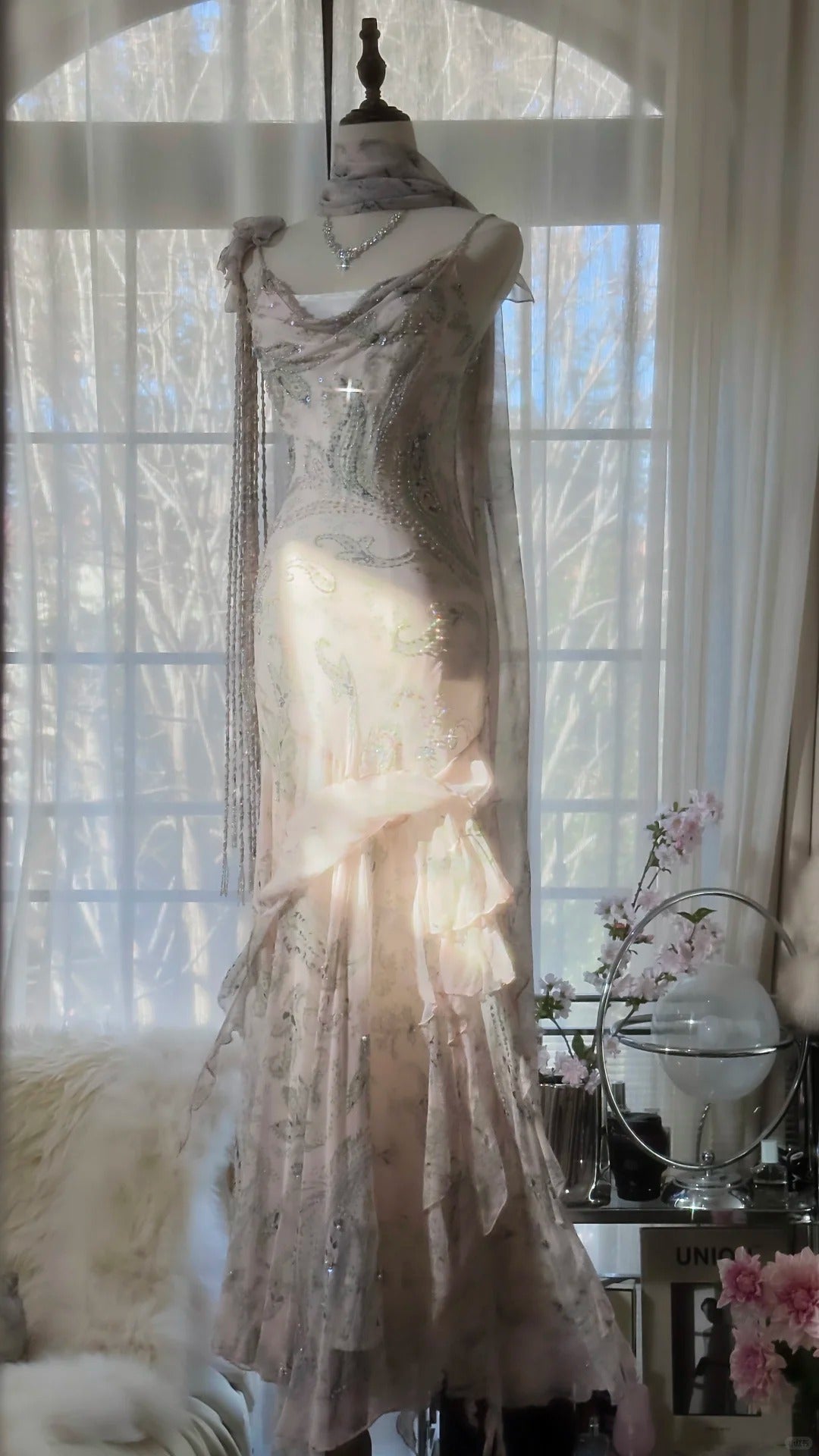 Pink Romantic Fashion Elegant Exquisite Beaded Spaghetti Straps Long Tulle Chiffon Ruffle Ball Gown Evening Dress Party Dress gh4057