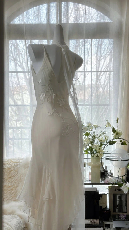 Ivory White Elegant Fashion Exquisite Floral Beading Long Chiffon Ball Gown Evening Dress Party Dress gh4006
