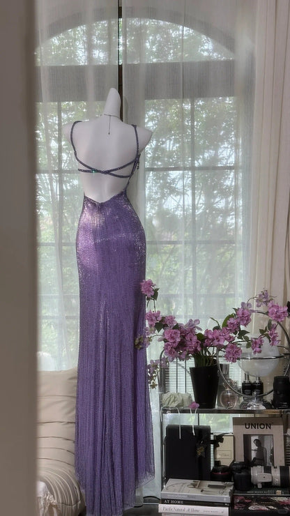 Purple Shiny Gorgeous Luxury Sequin Heavy Spaghetti Strap Long Butterfly Decoration Sequin Chiffon Ball Gown Evening Gown Party Dress gh4175