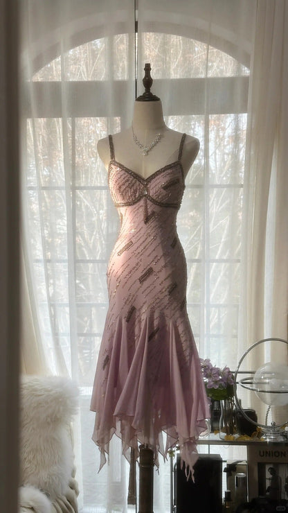Pale Pink Elegant Fashion Sophisticated Beaded Sweetheart Neck Spaghetti Straps Long Chiffon Ruffled Homecoming Dress Prom Dress Evening Dress Birthday/Vacation Party Dress Prom Dress gh4067