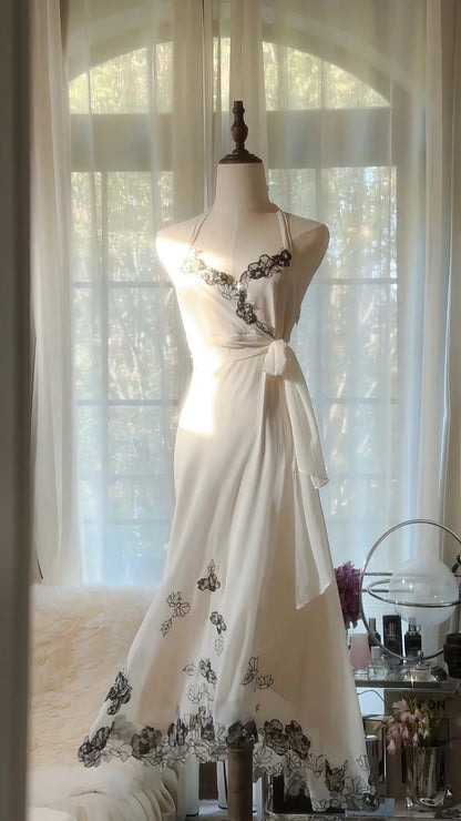 White Elegant Romantic Exquisite Black Lace Beaded Long Chiffon Ball Gown Evening Dress Party Dress Prom Dress Valentine's Day Date Dress gh4048