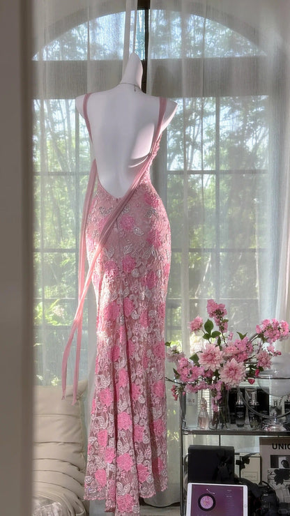Pink floral vintage beaded lace long prom dress evening dress party dress gh4819