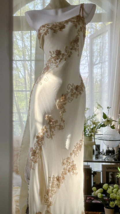 Ivory White Vintage Fashion One Shoulder Exquisite Beaded Long Chiffon Ball Gown Birthday Party Dress Cocktail Party Dress Evening Dress Prom Dress gh3971