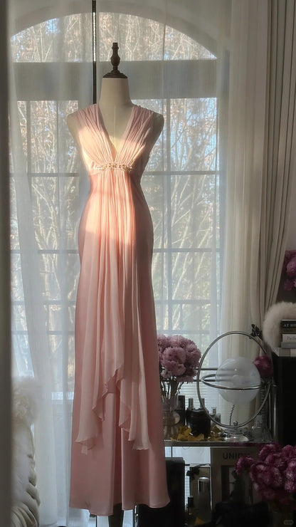 Pink Elegant Exquisite Rhinestone Long Satin Chiffon Ball Gown Evening Dress Party Dress Birthday Dress Date Dress gh4163
