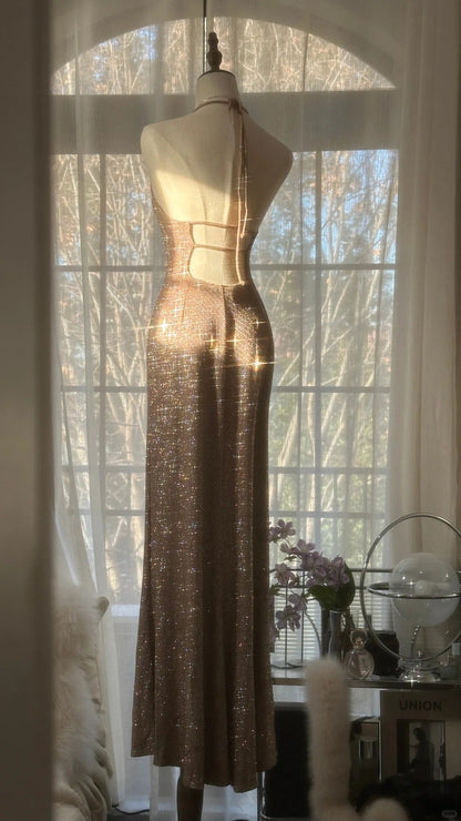 Champagne Gorgeous Shiny Exquisite Beaded Spaghetti Straps V Neck Long Sequined Chiffon Ball Gown Evening Dress Party Dress gh4095