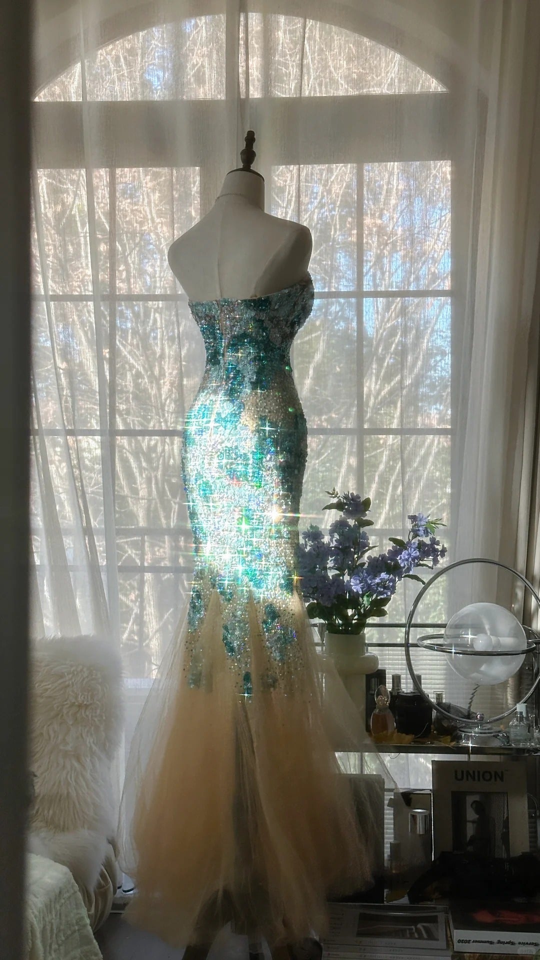 Blue Gorgeous Shiny Exquisite Beaded Long Chiffon Tulle Sequin Ball Gown Evening Gown Party Gown Birthday Gown Date Gown gh4162