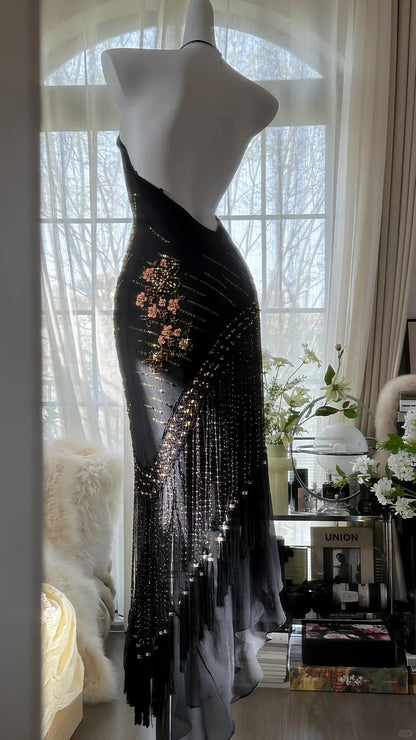 Black Vintage Fashion Delicate Floral Tassel Beaded Long Chiffon Ball Gown Birthday Party Dress Evening Gown Prom Dress gh3972