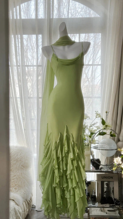Green Stylish Elegant Spaghetti Straps Long Ruffled Mermaid Slim Fit Chiffon Ball Gown Birthday Party Dress Evening Dress Prom Dress gh3976
