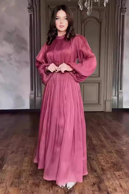 loveedsTM-Round Neck Organza Lantern Sleeve Long Sleeve Slim Belt Vintage Dress